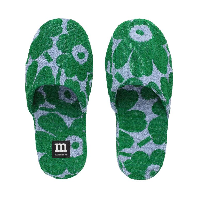 A pair of green and blue floral Marimekko Pieni Unikko Slippers for an article about the best Mother's Day gifts.