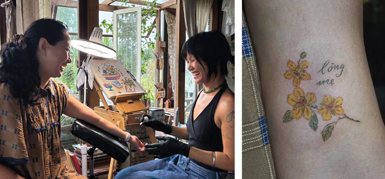 A photo of a woman getting a yellow flower tattooed on her inner arm, in a post about mother's day tattoo.