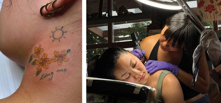 Two photos of a woman getting a tattoo on her neck in a post about mothers day tattoo.