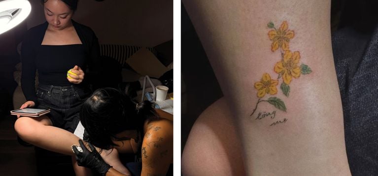 A photo of a young woman holding a tennis ball and an ipad getting a tattoo on her inner ankle in a post about mother's day tattoos.