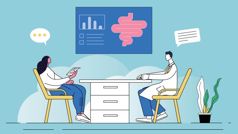 An illustration of a doctor talking to a patient for a story about colorectal cancer screening.