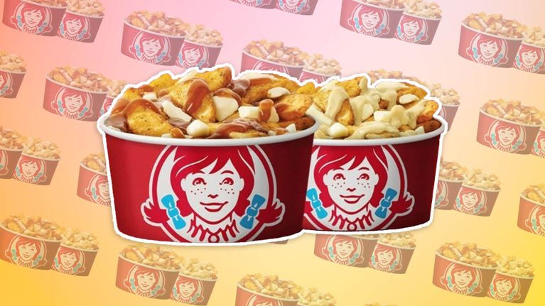 Wendy's new Breakfast Poutines: Swiss Cheese and Classic on a multi-coloured background for an article about Team Chatelaine taste testing the dish