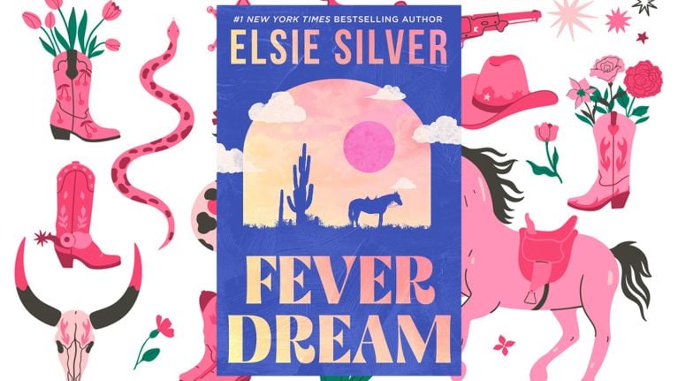 The cover of Elsie Silver's Fever Dream on a background of pink illustrations of cowboy motifs, in a post about what is cowboy romance.