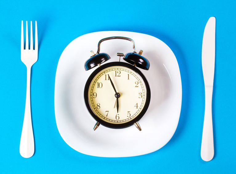 A white plate with an alarm clock on it in a post about the healthiest time to eat dinner.