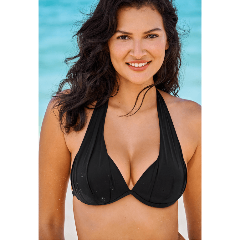 A model wears a draped halter black bikini top.