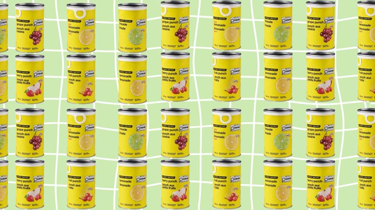 Cans of No Name-branded frozen juice from concentrate.