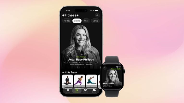 An iPhone and Apple Watch showing Busy Philipps Time to Walk Apple Fitness programming.