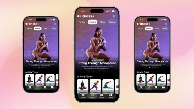 A photo of three iPhones showing Apple's Strong Through Menopause Training.
