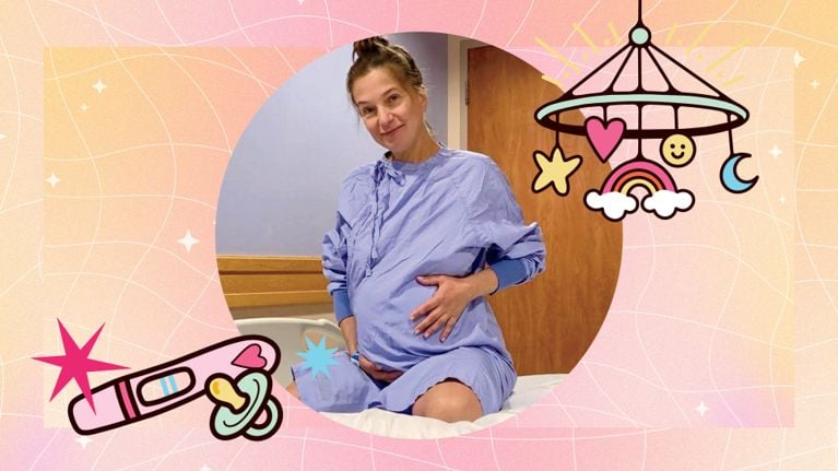 A photo of Tatiana Kaplan, who had a baby at 50, surrounded by illustrations of a baby mobile and a pregnancy test.