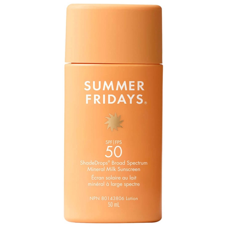 A bottle of Summer Fridays ShadeDrops SPF 50 Mineral Milk Sunscreen for an article about the best beauty products for may 2026.