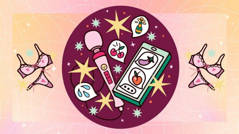 An illustration of sex toys, apps and lingerie for a story about a writer having her first orgasm at 50.