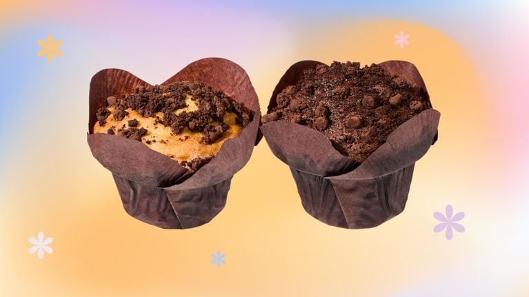 an image of the PC Decadent Chocolate Chip and Double Chocolate Chip muffins on a multi-coloured background with stars for an article about a taste test