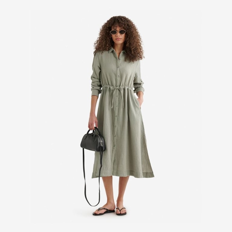 Roots Isla cotton gauze shirt dress in shadow green for an article about the must-buy end of sale pieces