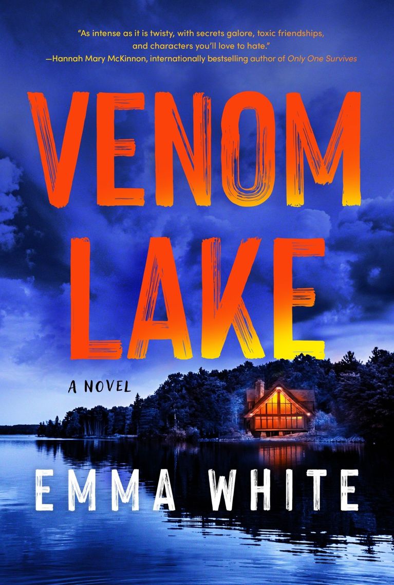 An illustration of an A-frame cottage on a lake on the cover of Venom Lake in a post about summer 2026 books.