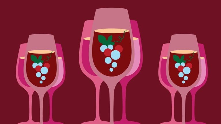 An illustration of a wine glass on a burgundy background used in a post on chilling red wines.