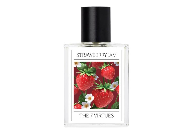 A bottle of The 7 Virtues Strawberry Jam Eau de Parfum for an article about the best new perfumes for summer 2026.