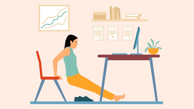 An illustration of a woman doing biceps dips using her work chair in a post about exercise snacking.