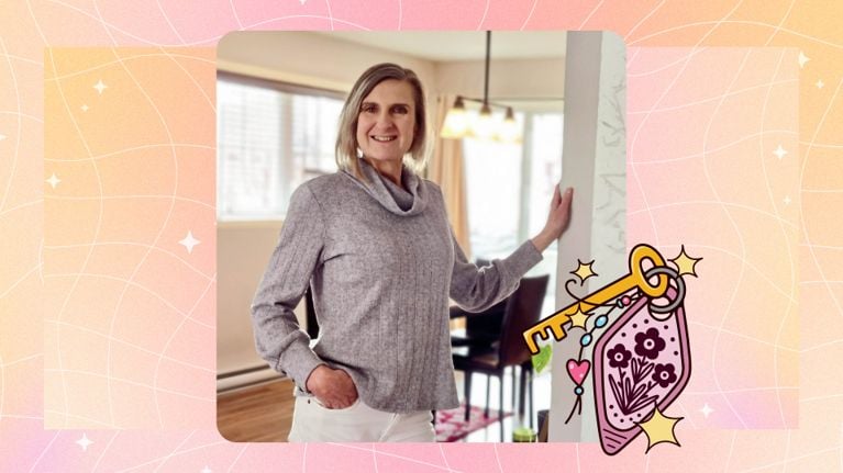 A photo of a woman, Caroline Nadeau, posing her home, which she purchased at 50.