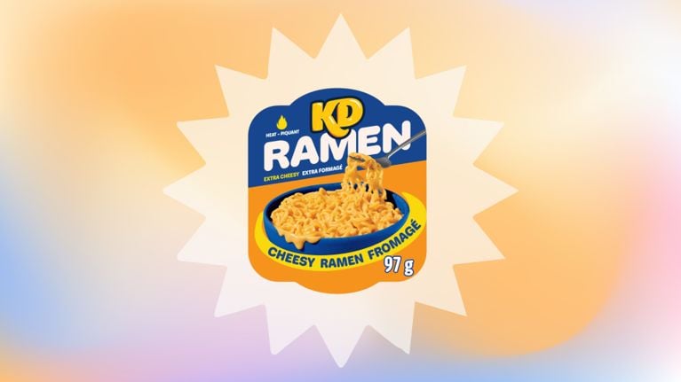 Kraft Dinner Ramen on a pastel ombre background for a taste test