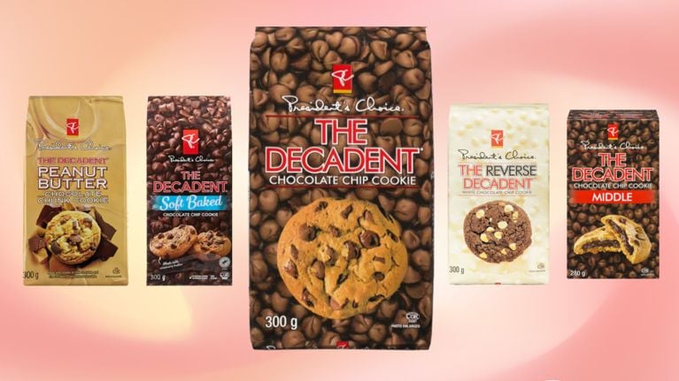 The PC Decadent Cookies lineup: The Decadent Peanut Butter Chunk, The Decadent Soft Baked, The Decadent Chocolate Chip, The Reverse Decadent, The Decadent Middle (from left to right) on a pastel background